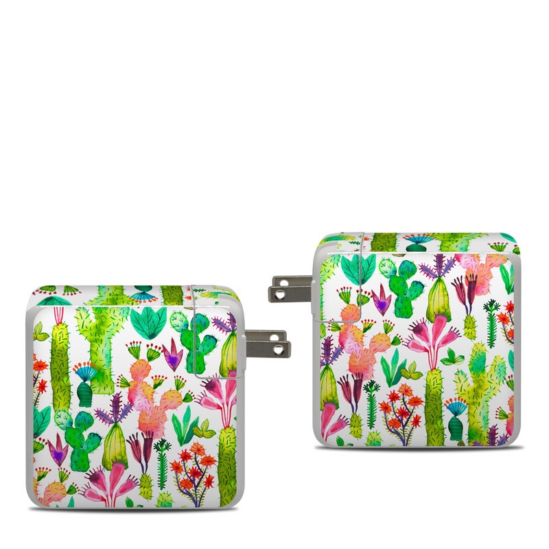 Apple 87W USB-C Power Adapter Skin design of Pattern, Floral design, Plant, Wildflower, Wrapping paper, with white, green, red, purple, pink, black colors