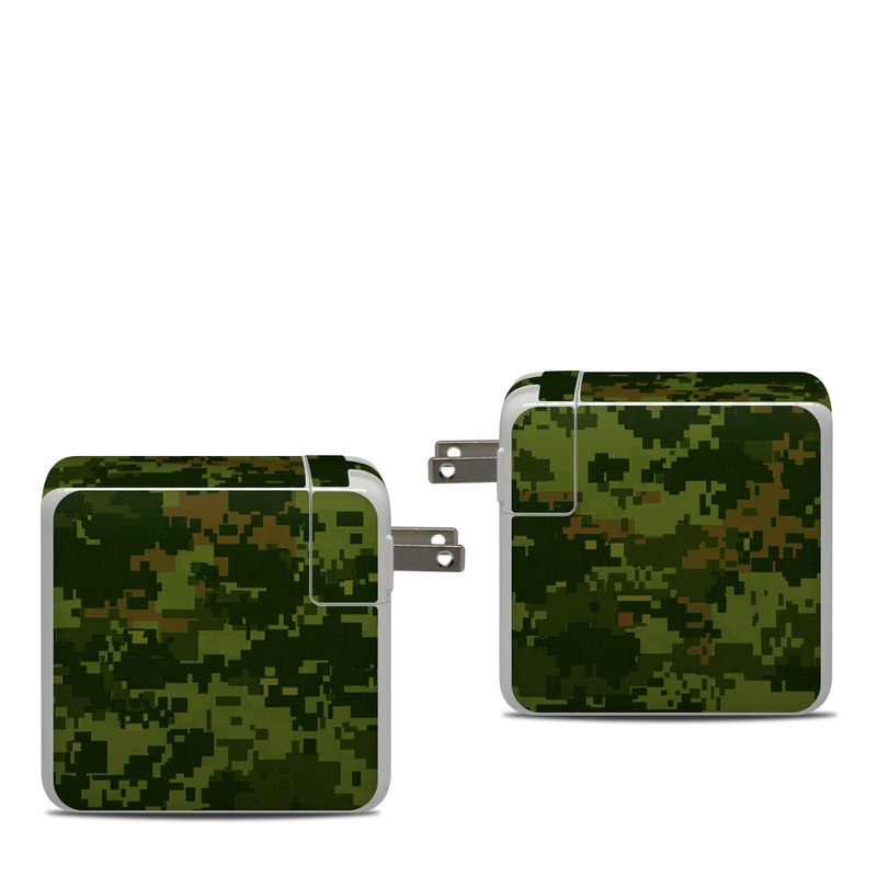 Apple 87W USB-C Power Adapter Skin design of Military camouflage, Green, Pattern, Uniform, Camouflage, Clothing, Design, Leaf, Plant, with green, brown colors