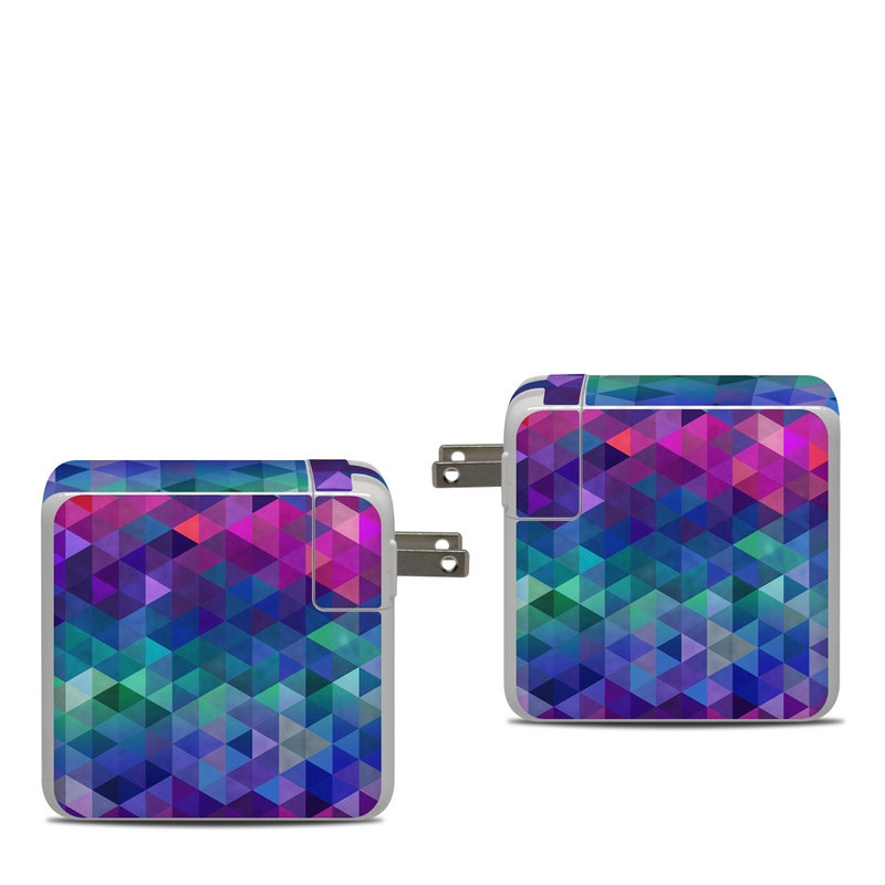 Apple 87W USB-C Power Adapter Skin design of Purple, Violet, Pattern, Blue, Magenta, Triangle, Line, Design, Graphic design, Symmetry, with blue, purple, green, red, pink colors