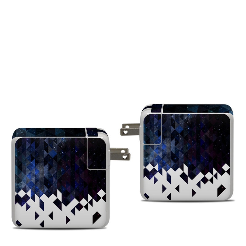 Apple 87W USB-C Power Adapter Skin design of Text, Pattern, Graphic design, Font, Purple, Design, Line, Triangle, Logo, Graphics, with black, blue, white colors