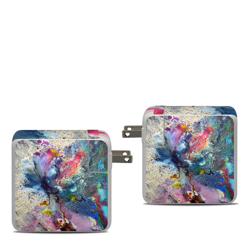 Apple 87W USB-C Power Adapter Skin design of Watercolor paint, Painting, Acrylic paint, Art, Modern art, Paint, Visual arts, Space, Colorfulness, Illustration, with gray, black, blue, red, pink colors