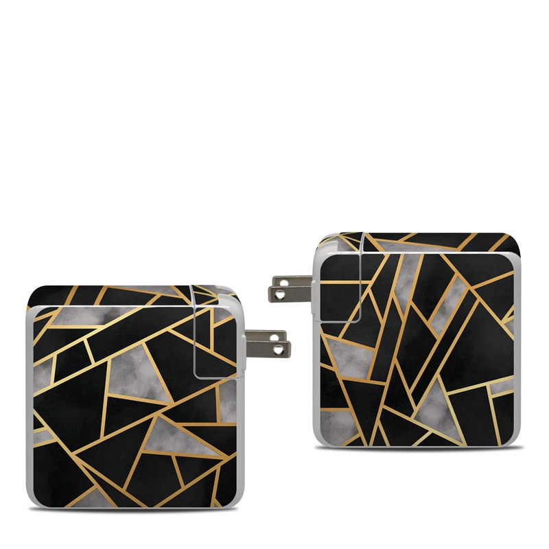 Apple 87W USB-C Power Adapter Skin design of Pattern, Triangle, Yellow, Line, Tile, Floor, Design, Symmetry, Architecture, Flooring, with black, gray, yellow colors