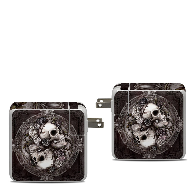 Apple 87W USB-C Power Adapter Skin design of Skull, Bone, Illustration, Font, Still life photography, Photography, Still life, Art, Monochrome, Circle, with black, white, brown, pink colors