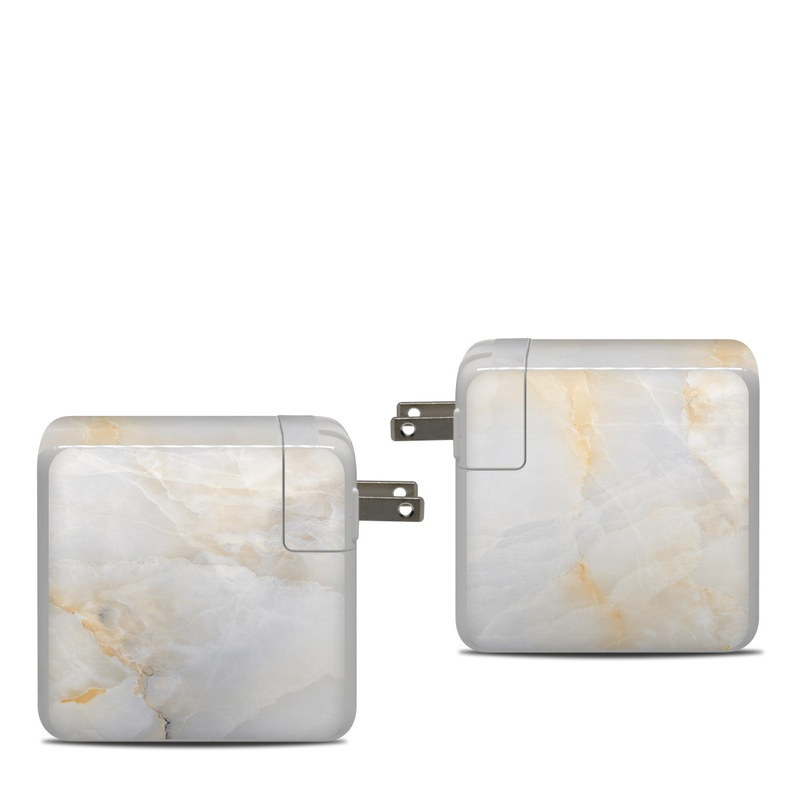 Apple 87W USB-C Power Adapter Skin design of White, Textile, Flooring, Marble, Paper, Pattern, Fashion accessory, Tile, with white, orange, black, yellow colors