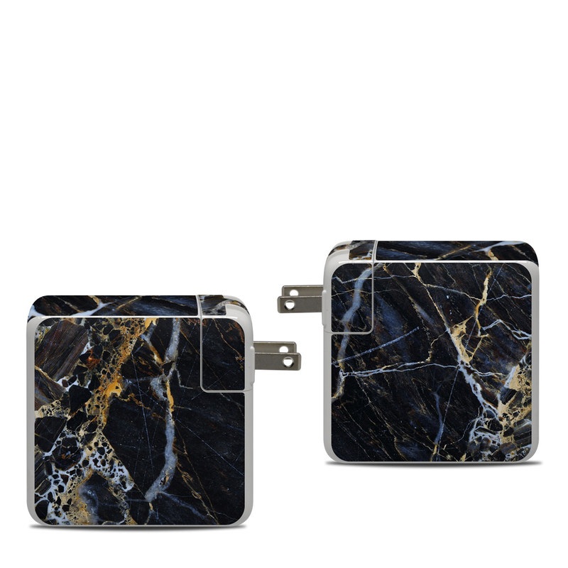 Apple 87W USB-C Power Adapter Skin design of Black, Yellow, Rock, Brown, Marble, Water, Close-up, Granite, Pattern, Geology, with black, white, orange, gray, yellow colors