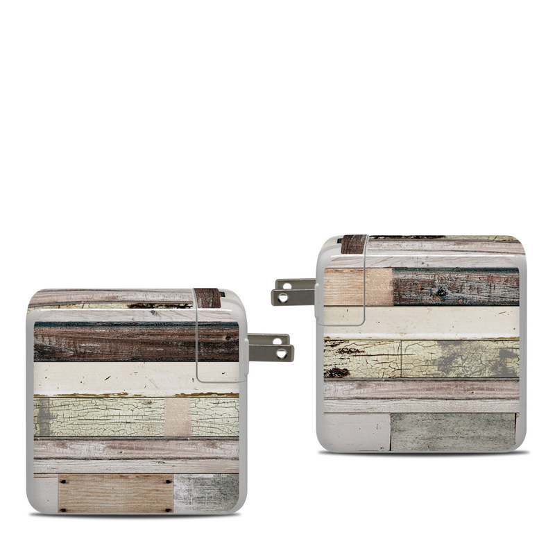 Apple 87W USB-C Power Adapter Skin design of Wood, Wall, Plank, Line, Lumber, Wood stain, Beige, Parallel, Hardwood, Pattern, with brown, white, gray, yellow colors