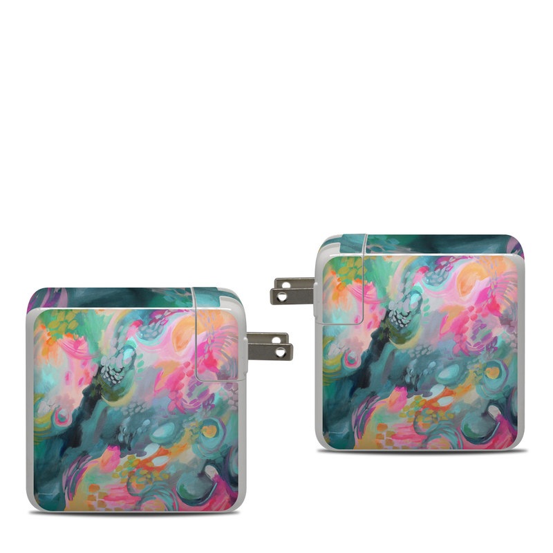 Apple 87W USB-C Power Adapter Skin design of Painting, Acrylic paint, Modern art, Art, Pink, Visual arts, Watercolor paint, Pattern, Illustration, Paint, with blue, pink, orange, yellow, green, purple colors