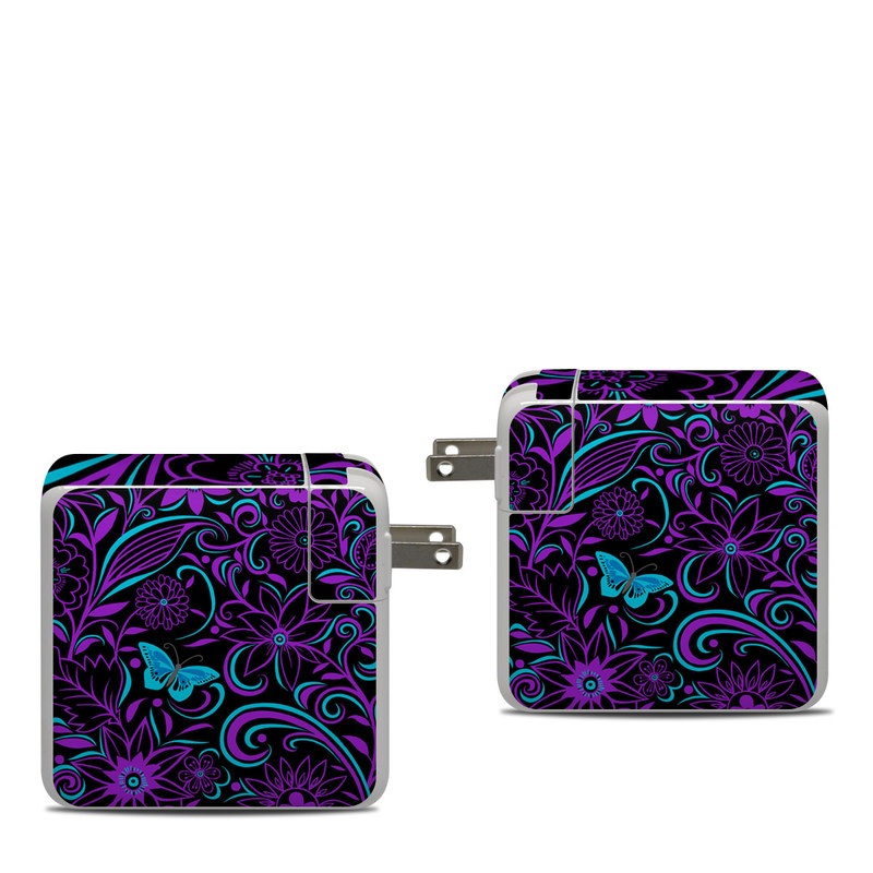 Apple 87W USB-C Power Adapter Skin design of Pattern, Purple, Violet, Turquoise, Teal, Design, Floral design, Visual arts, Magenta, Motif, with black, purple, blue colors
