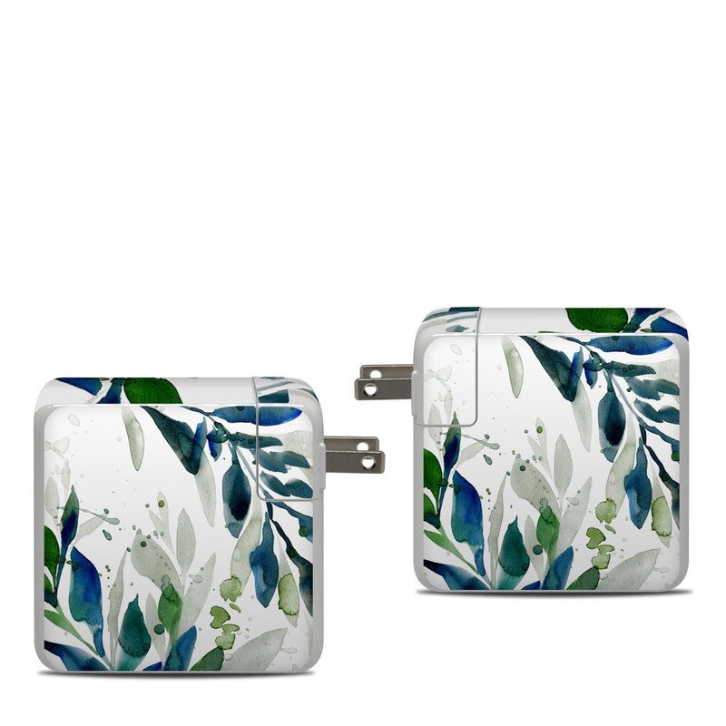 Apple 87W USB-C Power Adapter Skin design of Leaf, Branch, Plant, Tree, Botany, Flower, Design, Eucalyptus, Pattern, Watercolor paint, with white, blue, green, gray colors