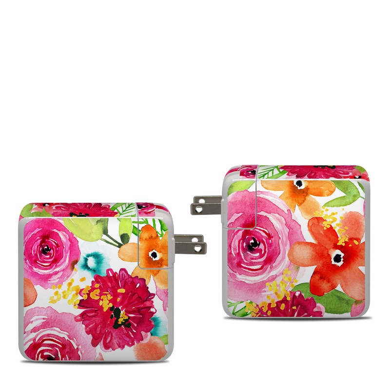 Apple 87W USB-C Power Adapter Skin design of Flower, Cut flowers, Floral design, Plant, Pink, Bouquet, Petal, Flower Arranging, Artificial flower, Clip art, with pink, red, green, orange, yellow, blue, white colors