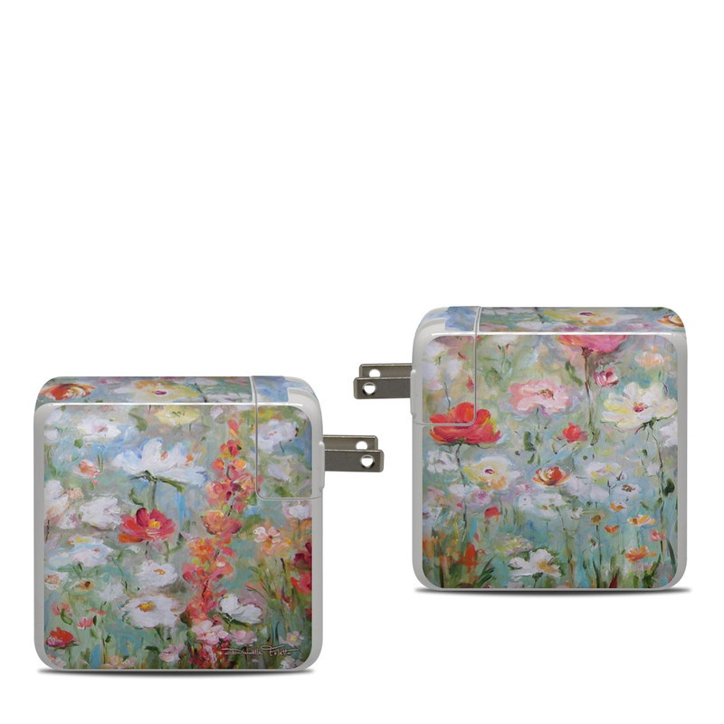Apple 87W USB-C Power Adapter Skin design of Flower, Painting, Watercolor paint, Plant, Modern art, Wildflower, Botany, Meadow, Acrylic paint, Flowering plant, with gray, black, green, red, blue colors