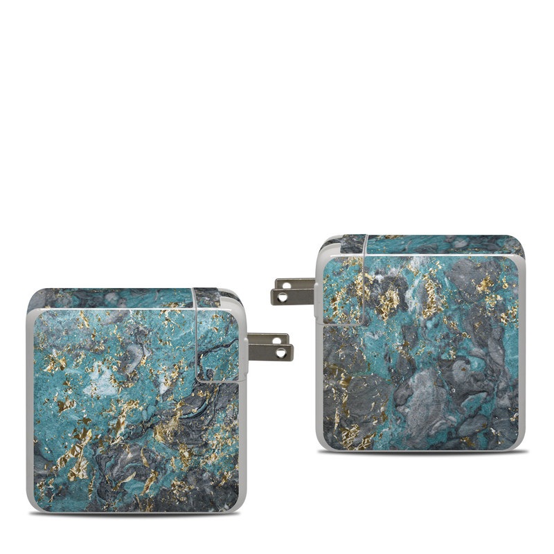 Apple 87W USB-C Power Adapter Skin design of Blue, Turquoise, Green, Aqua, Teal, Geology, Rock, Painting, Pattern, with black, white, gray, green, blue colors