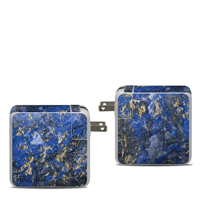 Apple 87W USB-C Power Adapter Skin design of Blue, Water, Cobalt blue, Rock, Painting, Geology, Electric blue, Mineral, Pattern, Acrylic paint, with black, blue, yellow, white, gray colors