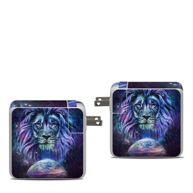 Apple 87W USB-C Power Adapter Skin design of Lion, Felidae, Purple, Wildlife, Big cats, Illustration, Darkness, Space, Painting, Art, with purple, blue, green, black, white, red colors