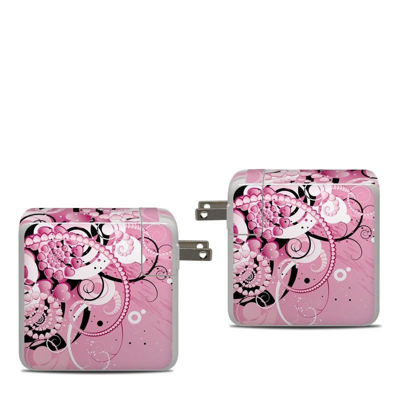 Apple 87W USB-C Power Adapter Skin design of Pink, Floral design, Graphic design, Text, Design, Flower Arranging, Pattern, Illustration, Flower, Floristry, with pink, gray, black, white, purple, red colors
