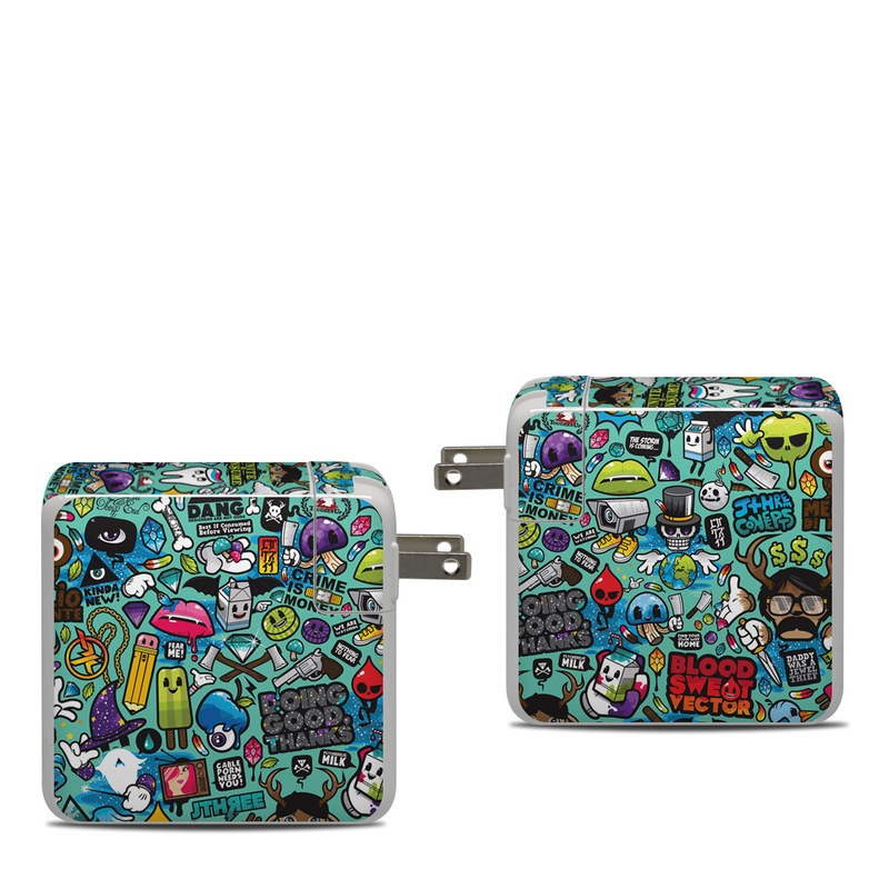 Apple 87W USB-C Power Adapter Skin design of Cartoon, Art, Pattern, Design, Illustration, Visual arts, Doodle, Psychedelic art, with black, blue, gray, red, green colors