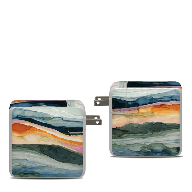 Apple 87W USB-C Power Adapter Skin design of Watercolor paint, Painting, Sky, Wave, Geology, Landscape, Pattern, Acrylic paint, Cloud, Paint, with blue, purple, orange, yellow, red, green, brown colors
