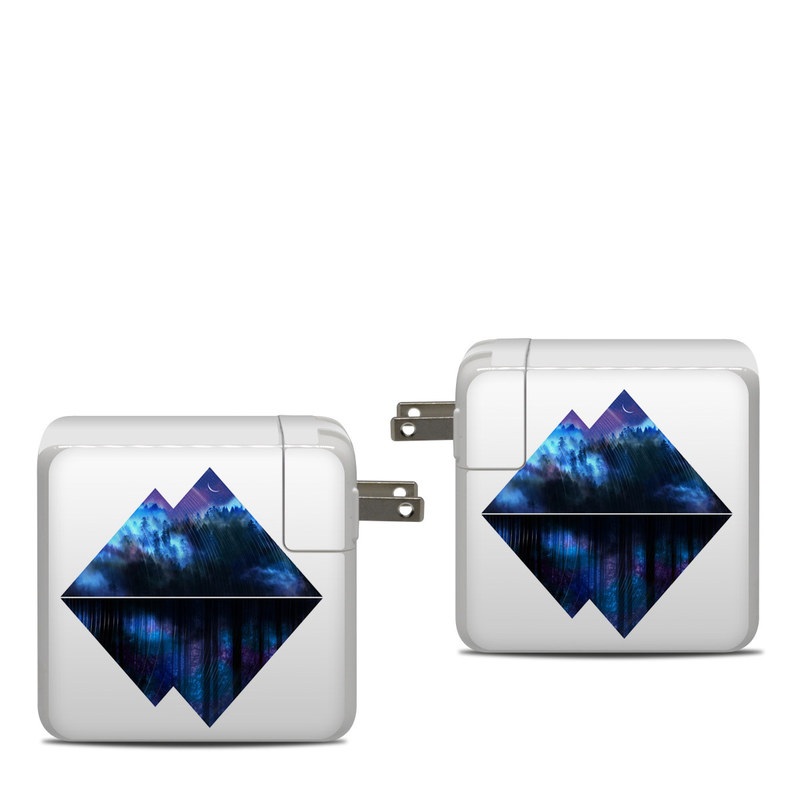 Apple 87W USB-C Power Adapter Skin design of Blue, Cobalt blue, Pyramid, Pattern, Electric blue, Design, Fractal art, Sky, Triangle, Space, with white, blue, purple, black colors