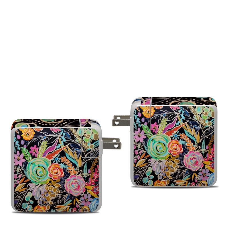 Apple 87W USB-C Power Adapter Skin design of Pattern, Floral design, Design, Textile, Visual arts, Art, Graphic design, Psychedelic art, Plant, with black, gray, green, red, blue colors