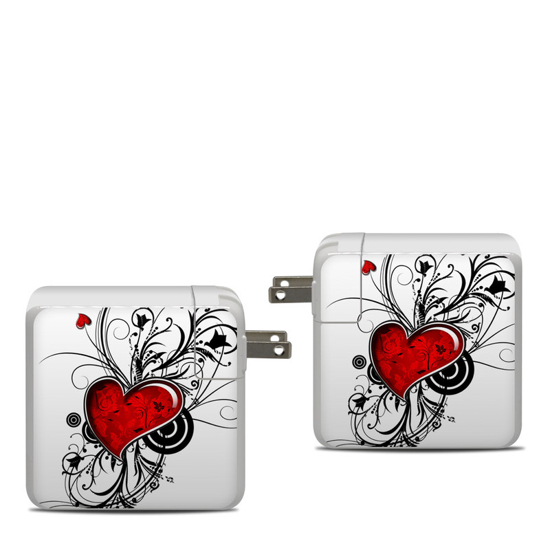 Apple 87W USB-C Power Adapter Skin design of Heart, Line art, Love, Clip art, Plant, Graphic design, Illustration, with white, gray, black, red colors
