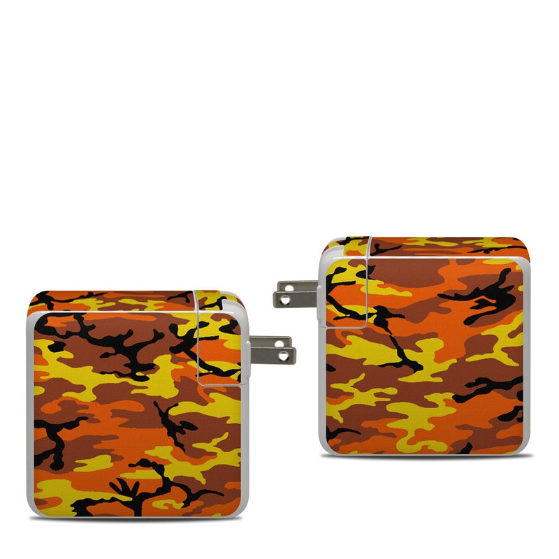 Apple 87W USB-C Power Adapter Skin design of Military camouflage, Orange, Pattern, Camouflage, Yellow, Brown, Uniform, Design, Tree, Wildlife, with red, green, black colors