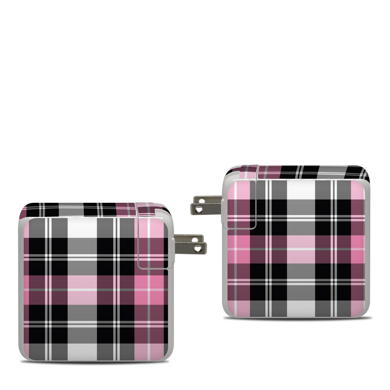 Apple 87W USB-C Power Adapter Skin design of Plaid, Tartan, Pattern, Pink, Purple, Violet, Line, Textile, Magenta, Design, with black, gray, pink, red, white, purple colors