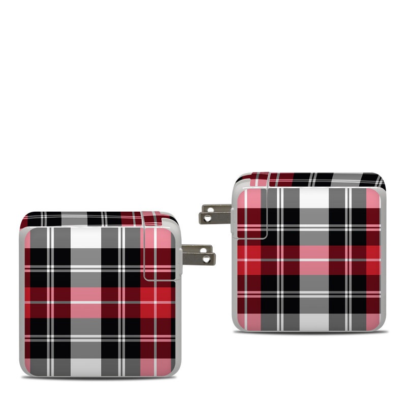 Apple 87W USB-C Power Adapter Skin design of Plaid, Tartan, Pattern, Red, Textile, Design, Line, Pink, Magenta, Square, with black, gray, pink, red, white colors