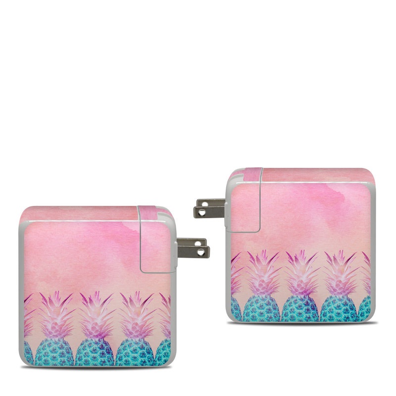 Apple 87W USB-C Power Adapter Skin design of Pineapple, Ananas, Pink, Fruit, Plant, Bromeliaceae, Pattern, Poales, with pink, blue, orange colors