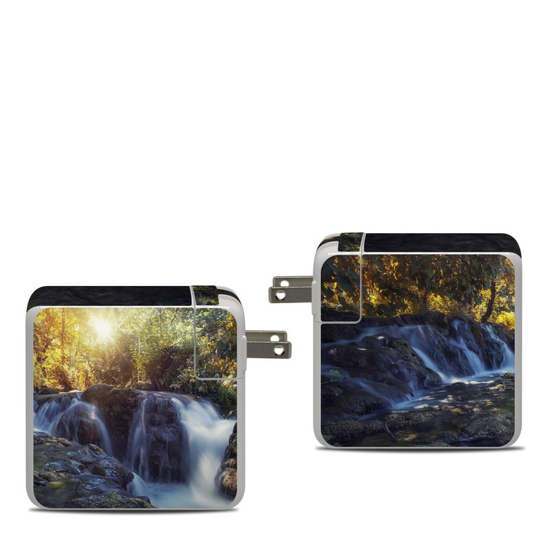 Apple 87W USB-C Power Adapter Skin design of Waterfall, Natural landscape, Body of water, Nature, Water resources, Water, Watercourse, Stream, Nature reserve, Rock, with gray, yellow, orange, green, white, blue colors