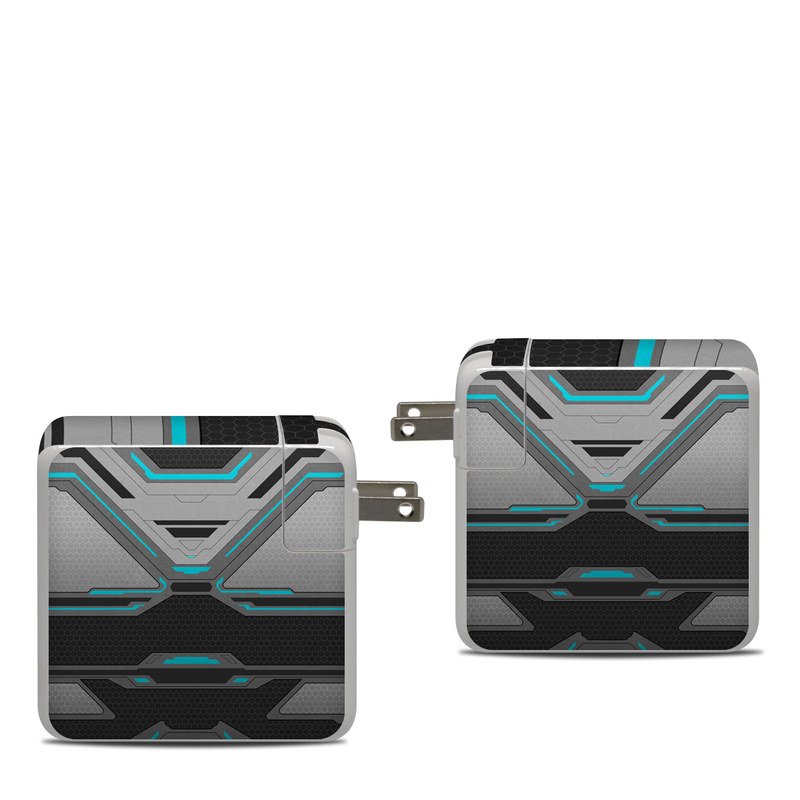 Apple 87W USB-C Power Adapter Skin design of Blue, Turquoise, Pattern, Teal, Symmetry, Design, Line, Automotive design, Font, with black, gray, blue colors