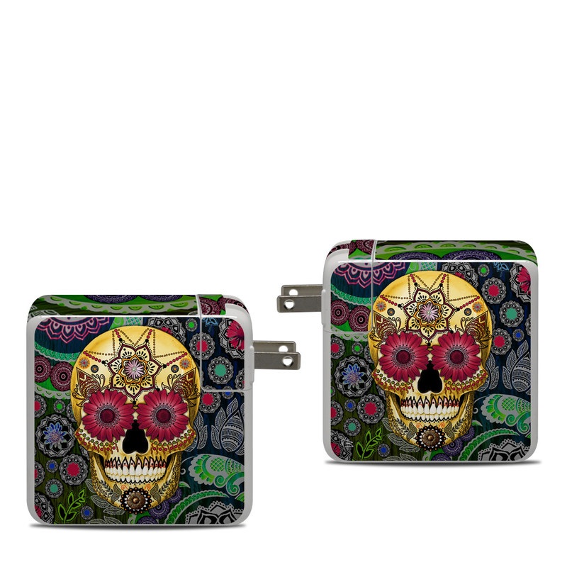 Apple 87W USB-C Power Adapter Skin design of Skull, Bone, Pattern, Psychedelic art, Visual arts, Design, Illustration, Art, Textile, Plant, with black, red, gray, green, blue colors