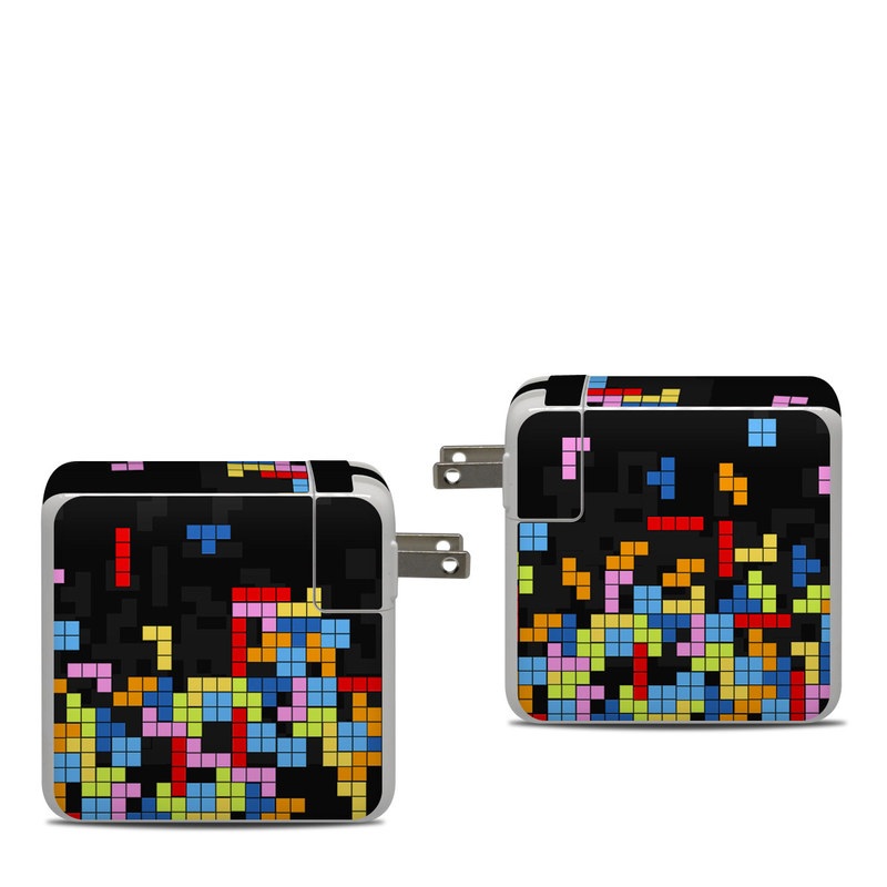 Apple 87W USB-C Power Adapter Skin design of Pattern, Symmetry, Font, Design, Graphic design, Line, Colorfulness, Magenta, Square, Graphics, with black, green, blue, orange, red colors