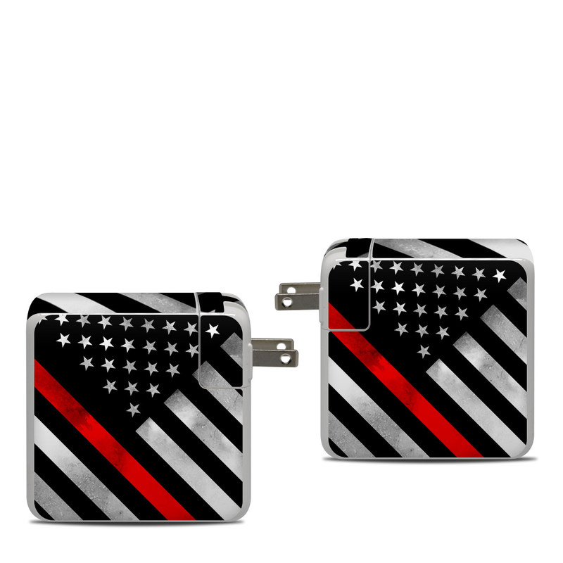 Apple 87W USB-C Power Adapter Skin design of Flag of the united states, Flag, Line, Black-and-white, Pattern, Flag Day (USA), Veterans day, Independence day, Memorial day, with black, white, gray, red colors