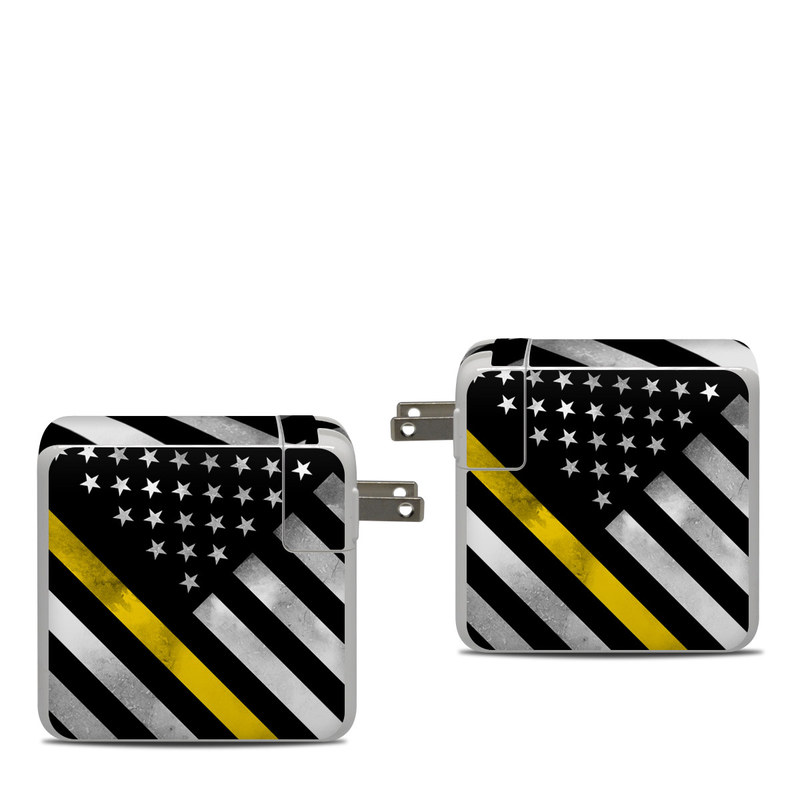 Apple 87W USB-C Power Adapter Skin design of Flag of the united states, Flag, Yellow, Line, Black-and-white, Pattern, Monochrome, Graphic design, Parallel, with black, white, gray, yellow colors