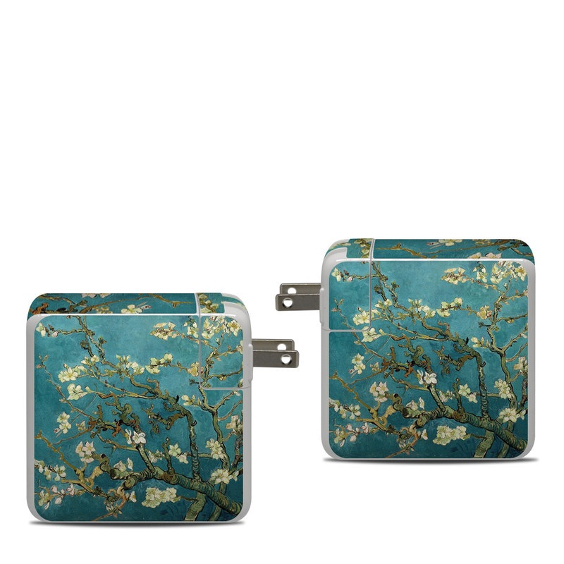 Apple 87W USB-C Power Adapter Skin design of Tree, Branch, Plant, Flower, Blossom, Spring, Woody plant, Perennial plant, with blue, black, gray, green colors