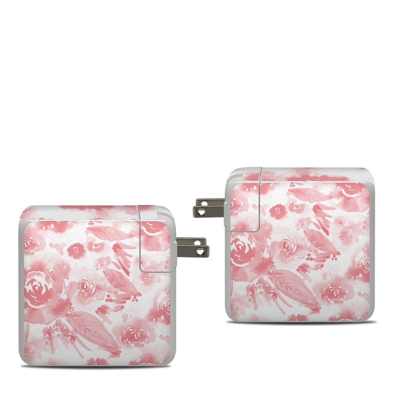 Apple 87W USB-C Power Adapter Skin design of Pink, Pattern, Rose, Design, Floral design, Rose family, Garden roses, Petal, Flower, Textile, with white, red, pink colors