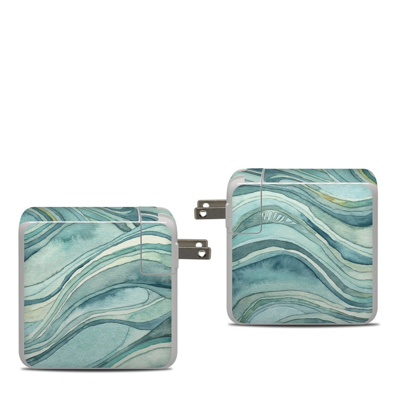 Apple 87W USB-C Power Adapter Skin design of Aqua, Blue, Pattern, Turquoise, Teal, Water, Design, Line, Wave, Textile, with gray, blue colors