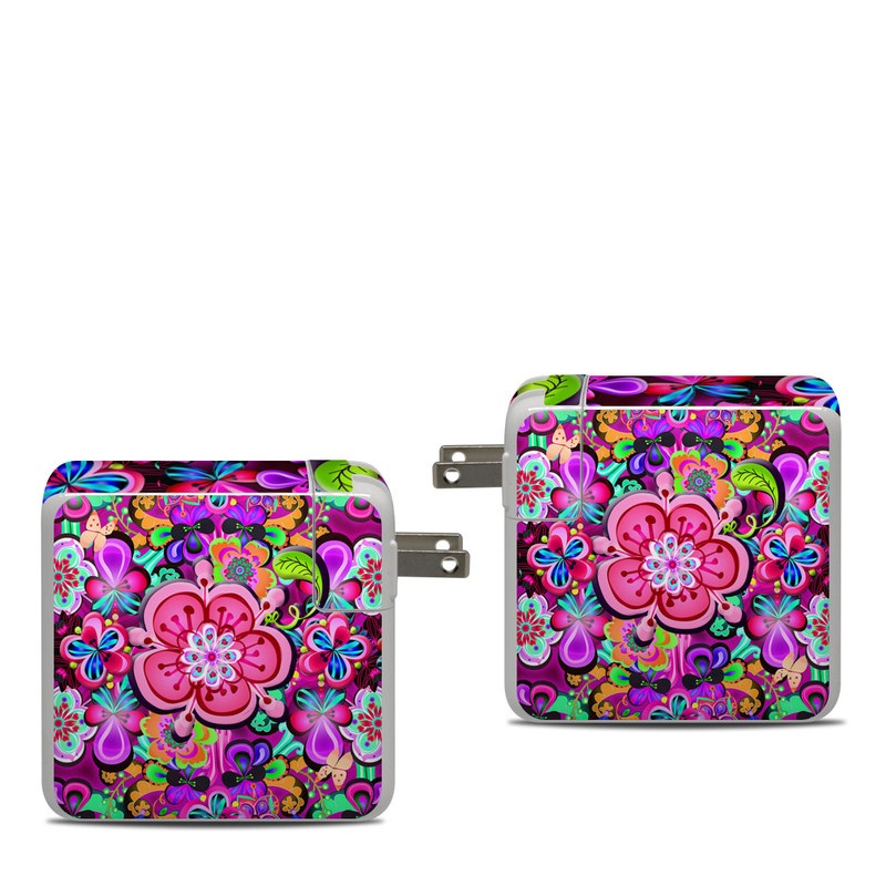 Apple 87W USB-C Power Adapter Skin design of Pattern, Pink, Design, Textile, Magenta, Art, Visual arts, Paisley, with purple, black, red, gray, blue colors