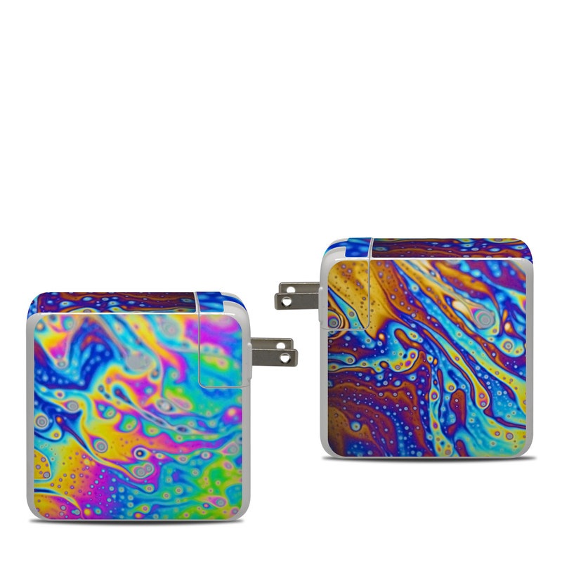 Apple 87W USB-C Power Adapter Skin design of Psychedelic art, Blue, Pattern, Art, Visual arts, Water, Organism, Colorfulness, Design, Textile, with gray, blue, orange, purple, green colors