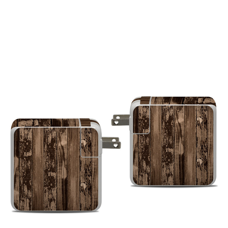 Apple 87W USB-C Power Adapter Skin design of Wood, Tree, Brown, Plank, Trunk, Pattern, Line, Hardwood, Black-and-white, Forest, with brown, black colors
