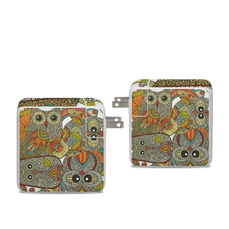 Apple 96W USB-C Power Adapter Skin design of Owl, Pattern, Visual arts, Art, Design, Textile, Illustration, Motif, Bird, with white, green, orange, yellow, blue, red colors
