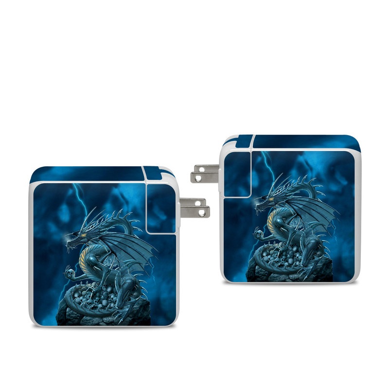 Apple 96W USB-C Power Adapter Skin design of Cg artwork, Dragon, Mythology, Fictional character, Illustration, Mythical creature, Art, Demon, with blue, yellow colors