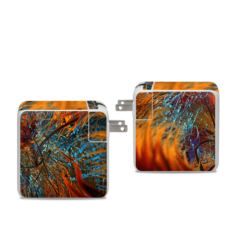 Apple 96W USB-C Power Adapter Skin design of Orange, Tree, Electric blue, Organism, Fractal art, Plant, Art, Graphics, Space, Psychedelic art, with orange, blue, red, yellow, purple colors