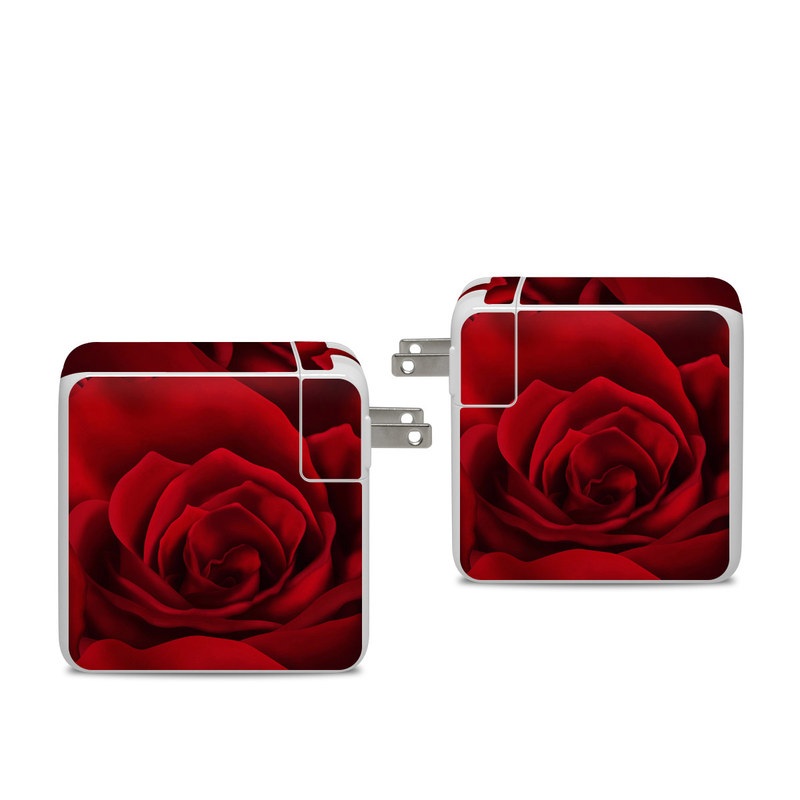 Apple 96W USB-C Power Adapter Skin design of Red, Garden roses, Rose, Petal, Flower, Nature, Floribunda, Rose family, Close-up, Plant, with black, red colors