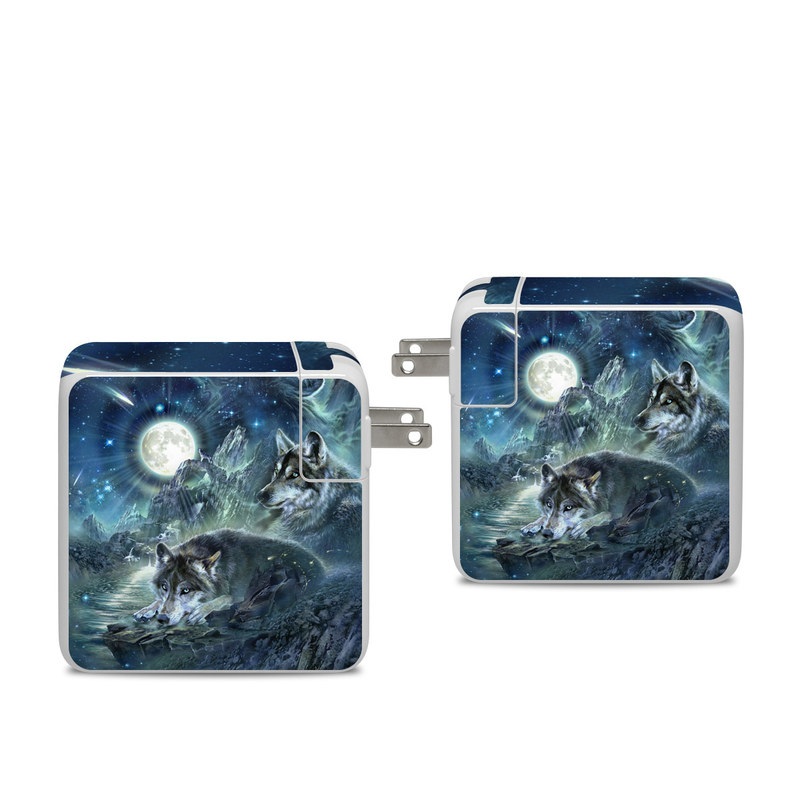 Apple 96W USB-C Power Adapter Skin design of Cg artwork, Fictional character, Darkness, Werewolf, Illustration, Wolf, Mythical creature, Graphic design, Dragon, Mythology, with black, blue, gray, white colors