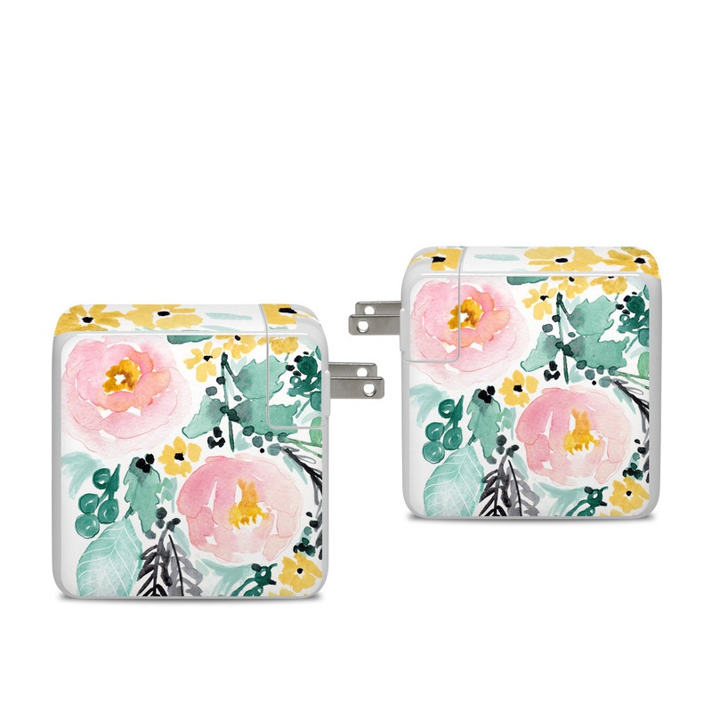 Apple 96W USB-C Power Adapter Skin design of Branch, Clip art, Watercolor paint, Flower, Leaf, Botany, Plant, Illustration, Design, Graphics, with green, pink, red, orange, yellow colors