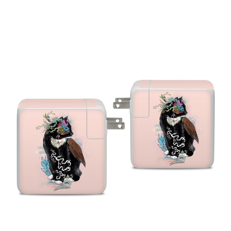 Apple 96W USB-C Power Adapter Skin design of Illustration, Owl, Art, Graphic design, Cat, Tail, with pink, black, brown, red, green colors