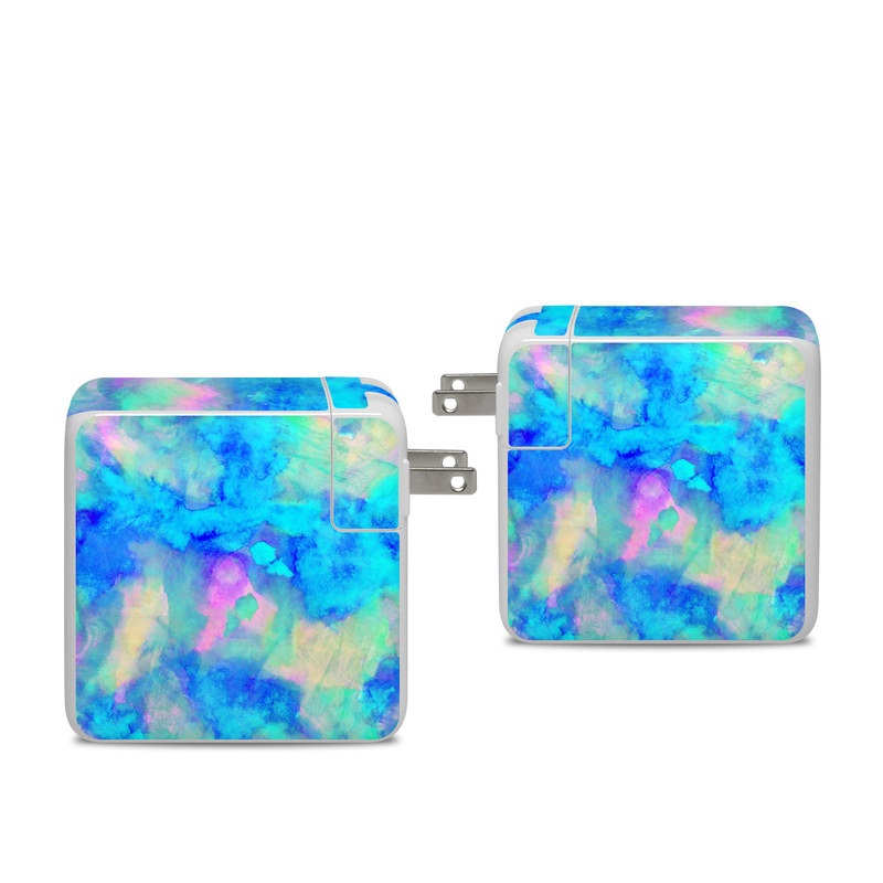 Apple 96W USB-C Power Adapter Skin design of Blue, Turquoise, Aqua, Pattern, Dye, Design, Sky, Electric blue, Art, Watercolor paint, with blue, purple colors