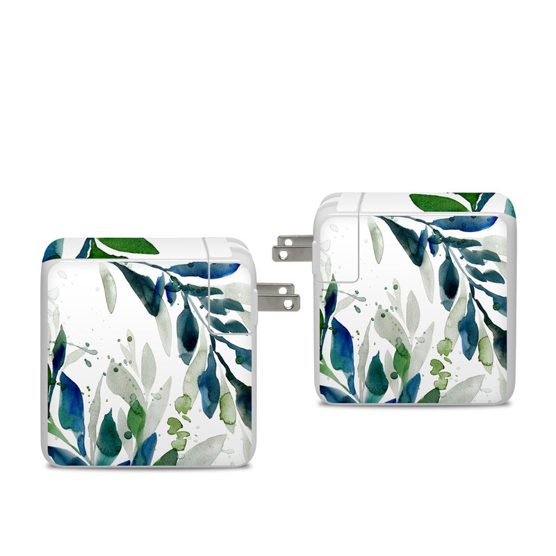 Apple 96W USB-C Power Adapter Skin design of Leaf, Branch, Plant, Tree, Botany, Flower, Design, Eucalyptus, Pattern, Watercolor paint, with white, blue, green, gray colors