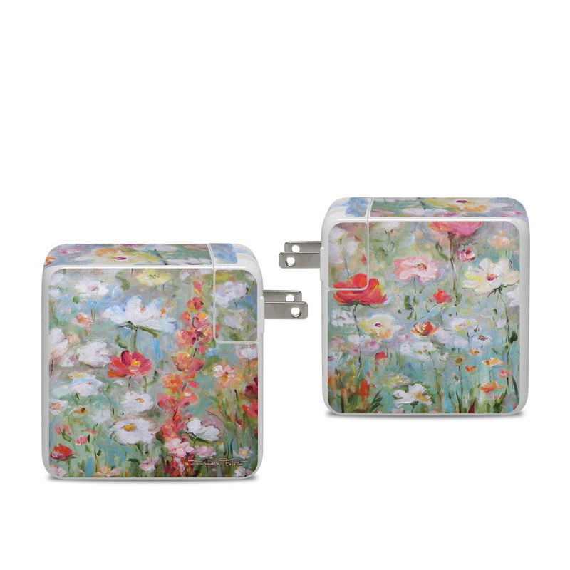 Apple 96W USB-C Power Adapter Skin design of Flower, Painting, Watercolor paint, Plant, Modern art, Wildflower, Botany, Meadow, Acrylic paint, Flowering plant, with gray, black, green, red, blue colors